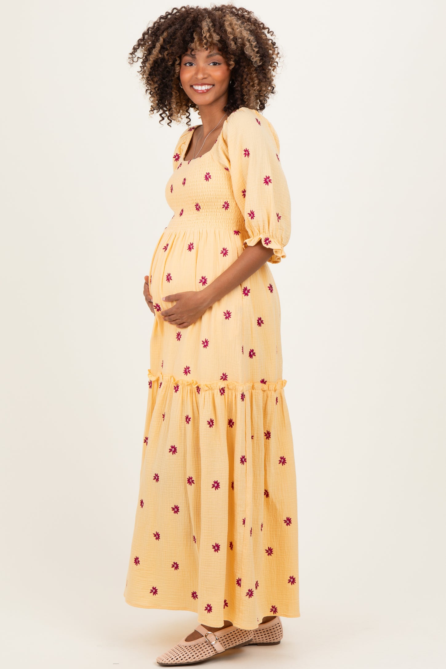 Yellow Floral Smocked Puff Sleeve Maternity Maxi Dress