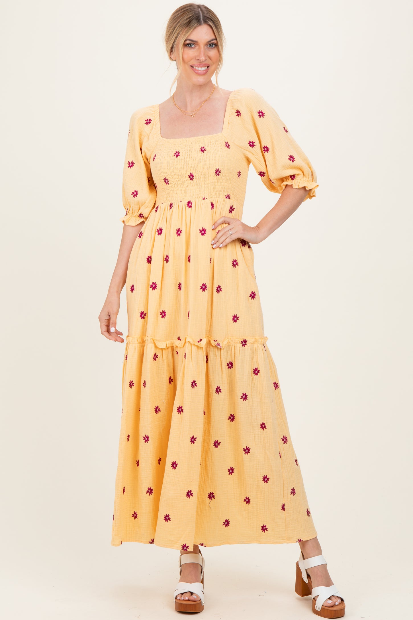 Yellow Floral Smocked Puff Sleeve Maternity Maxi Dress