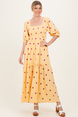 Yellow Floral Smocked Puff Sleeve Maternity Maxi Dress