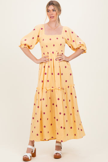 Yellow Floral Smocked Puff Sleeve Maxi Dress