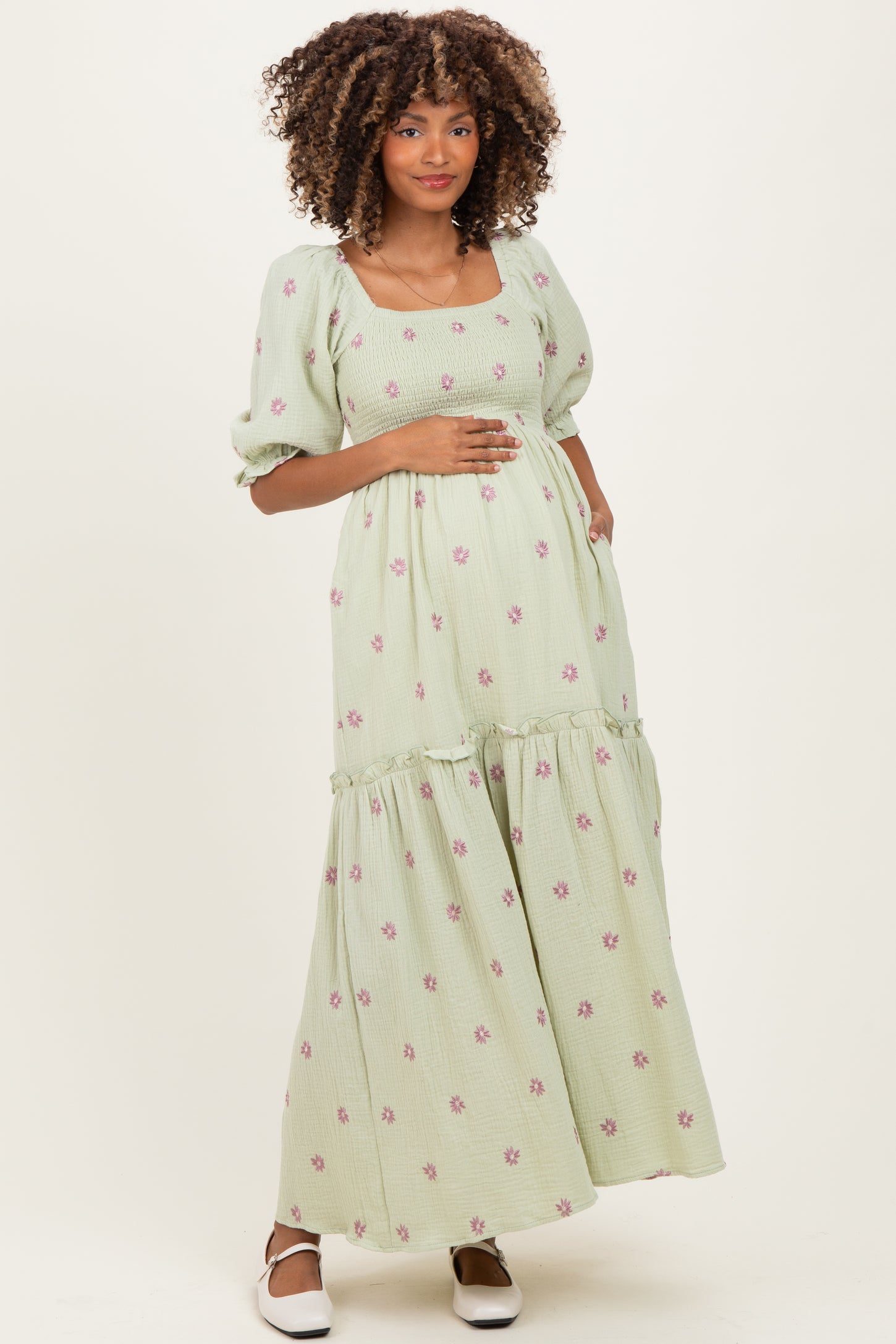 Mint Floral Smocked Puff Sleeve Maternity Maxi Dress