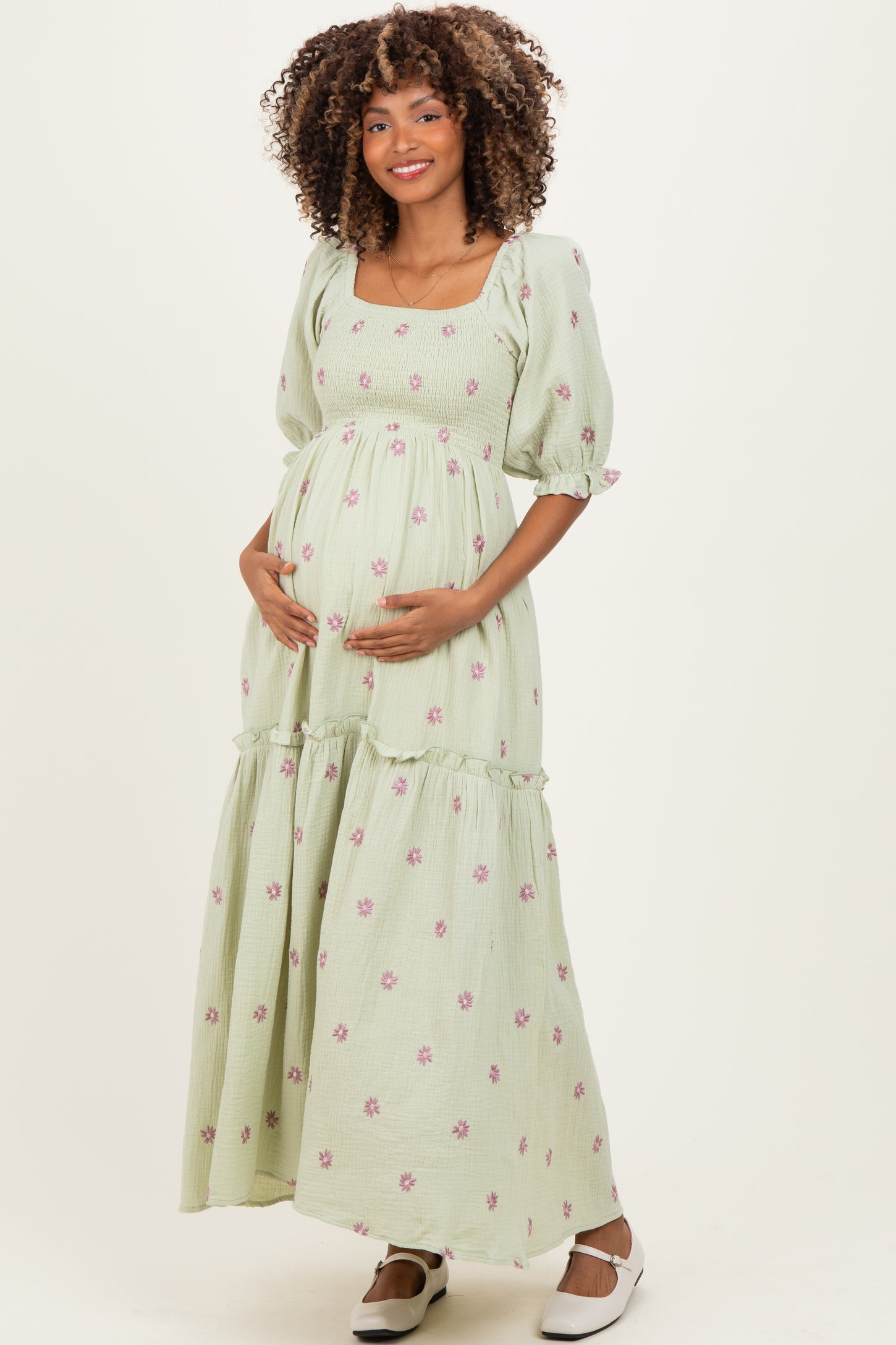 Mint Floral Smocked Puff Sleeve Maternity Maxi Dress