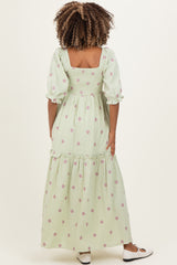 Mint Floral Smocked Puff Sleeve Maternity Maxi Dress