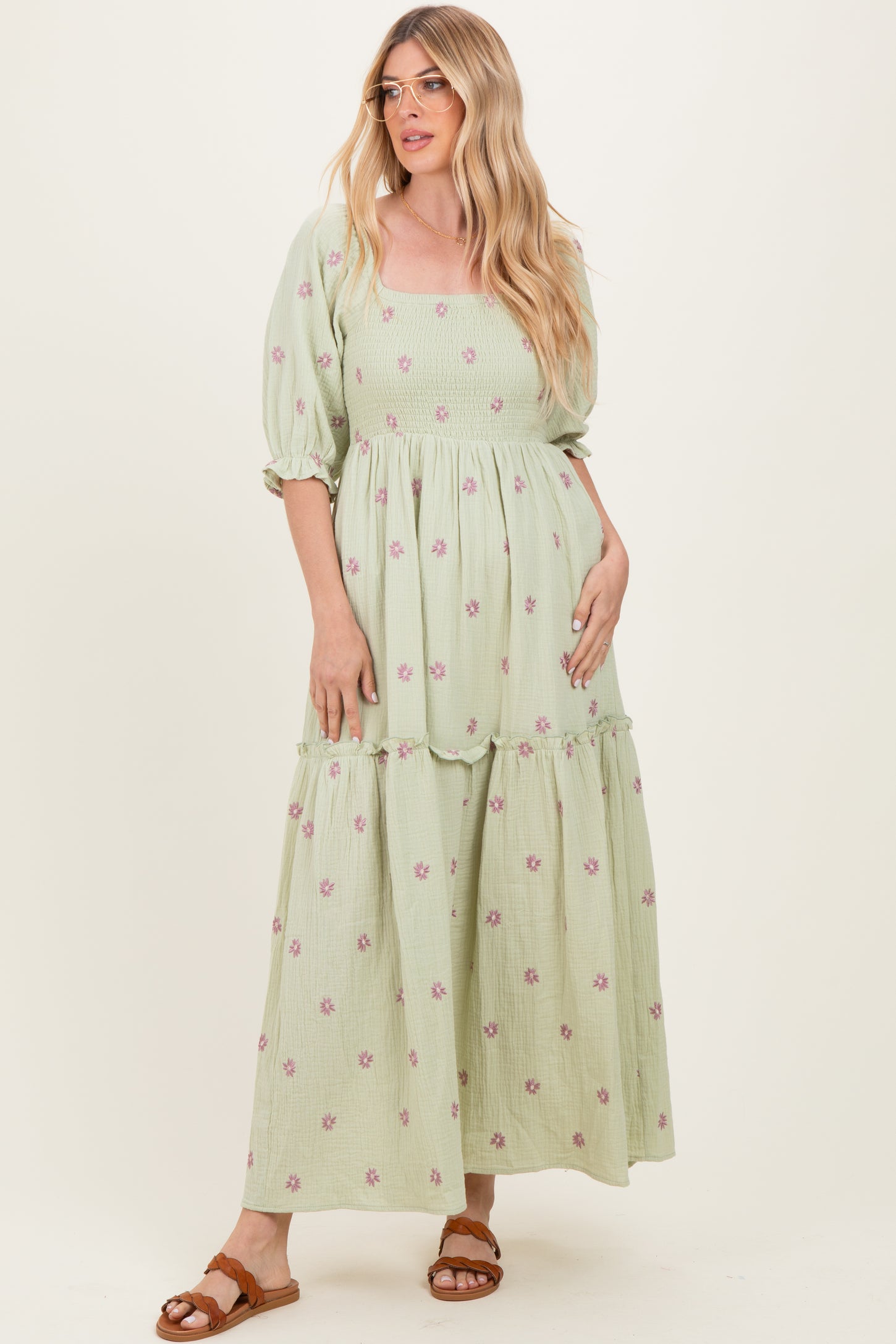 Mint Floral Smocked Puff Sleeve Maternity Maxi Dress