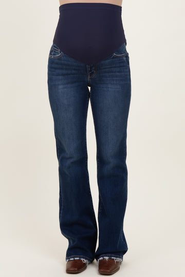 Navy Dark Wash Frayed Hem Maternity Bootcut Jeans