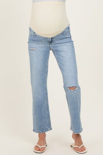 Light Blue Distressed Open Knee Ankle Straight Leg Maternity Jeans
