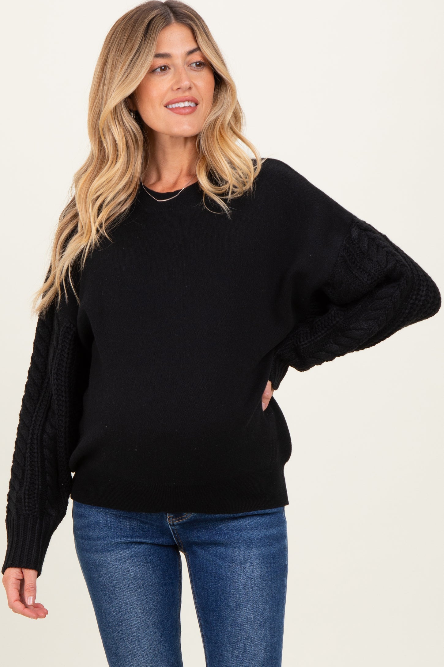 Black Cable Knit Sleeve Round Neck Maternity Sweater