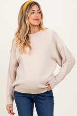 Beige Cable Knit Sleeve Round Neck Maternity Sweater