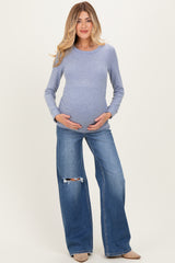 Navy Distressed Knee Wide Leg Maternity Jeans