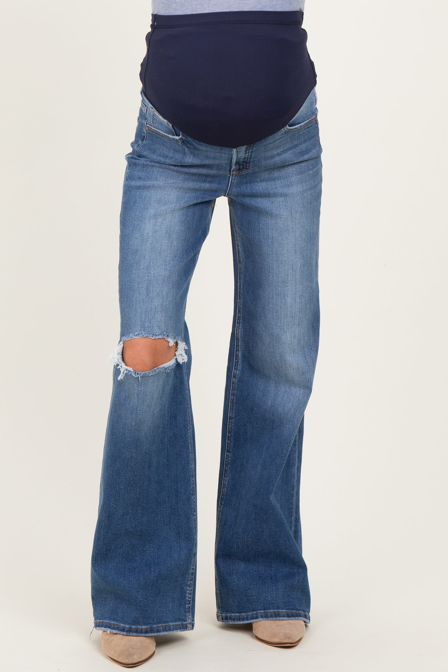 Navy Distressed Knee Wide Leg Maternity Jeans