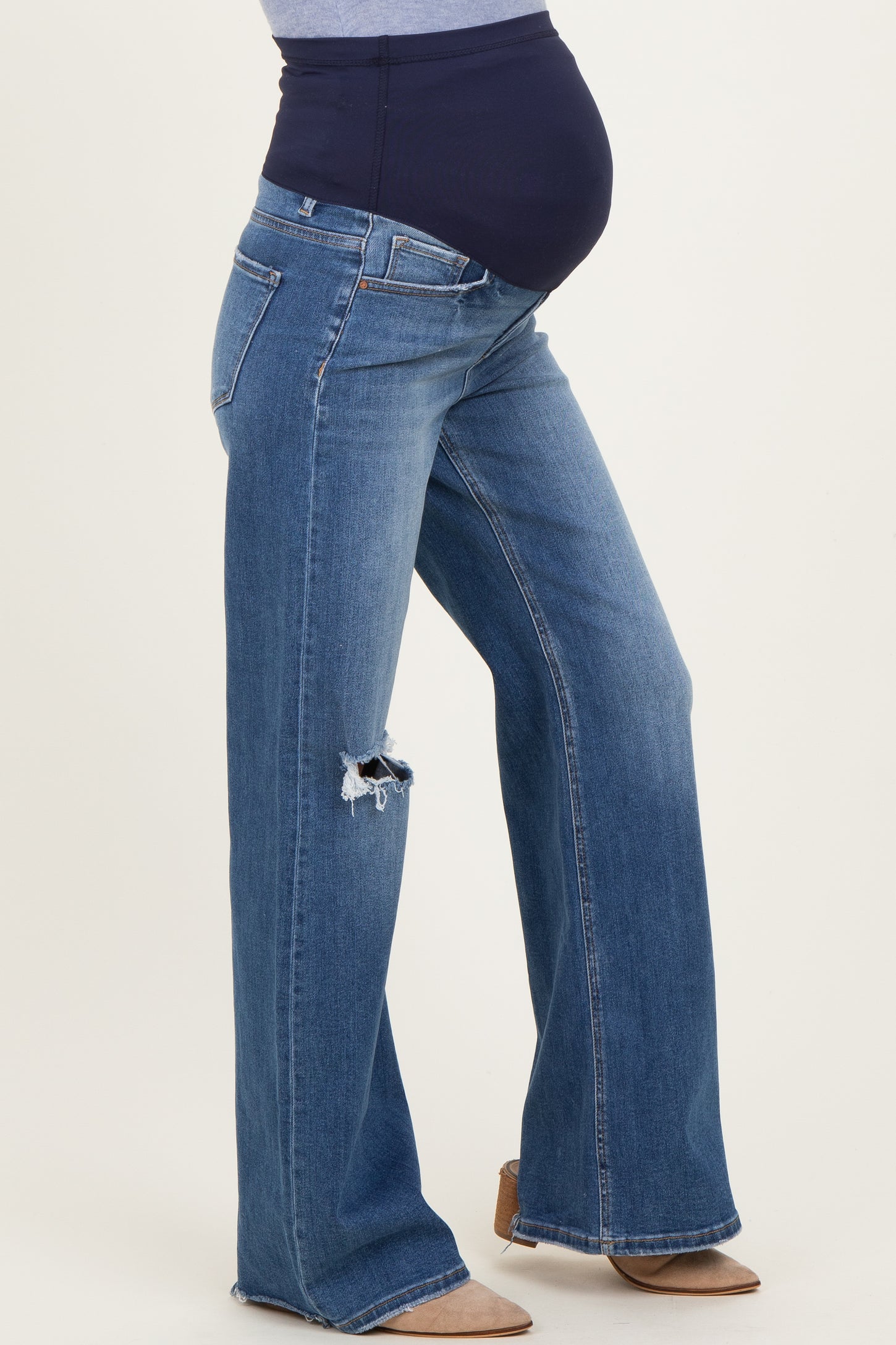 Navy Distressed Knee Wide Leg Maternity Jeans