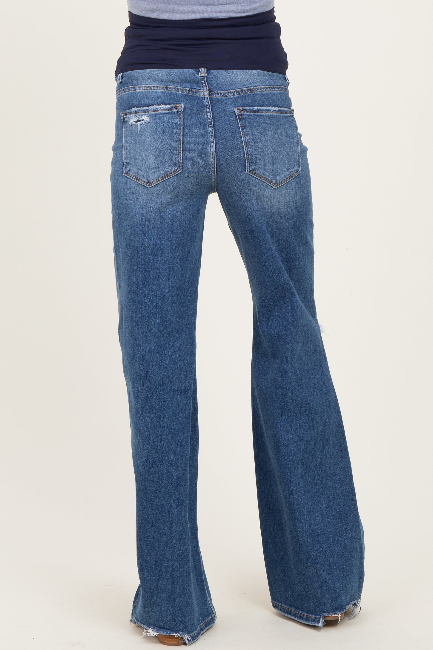 Navy Distressed Knee Wide Leg Maternity Jeans