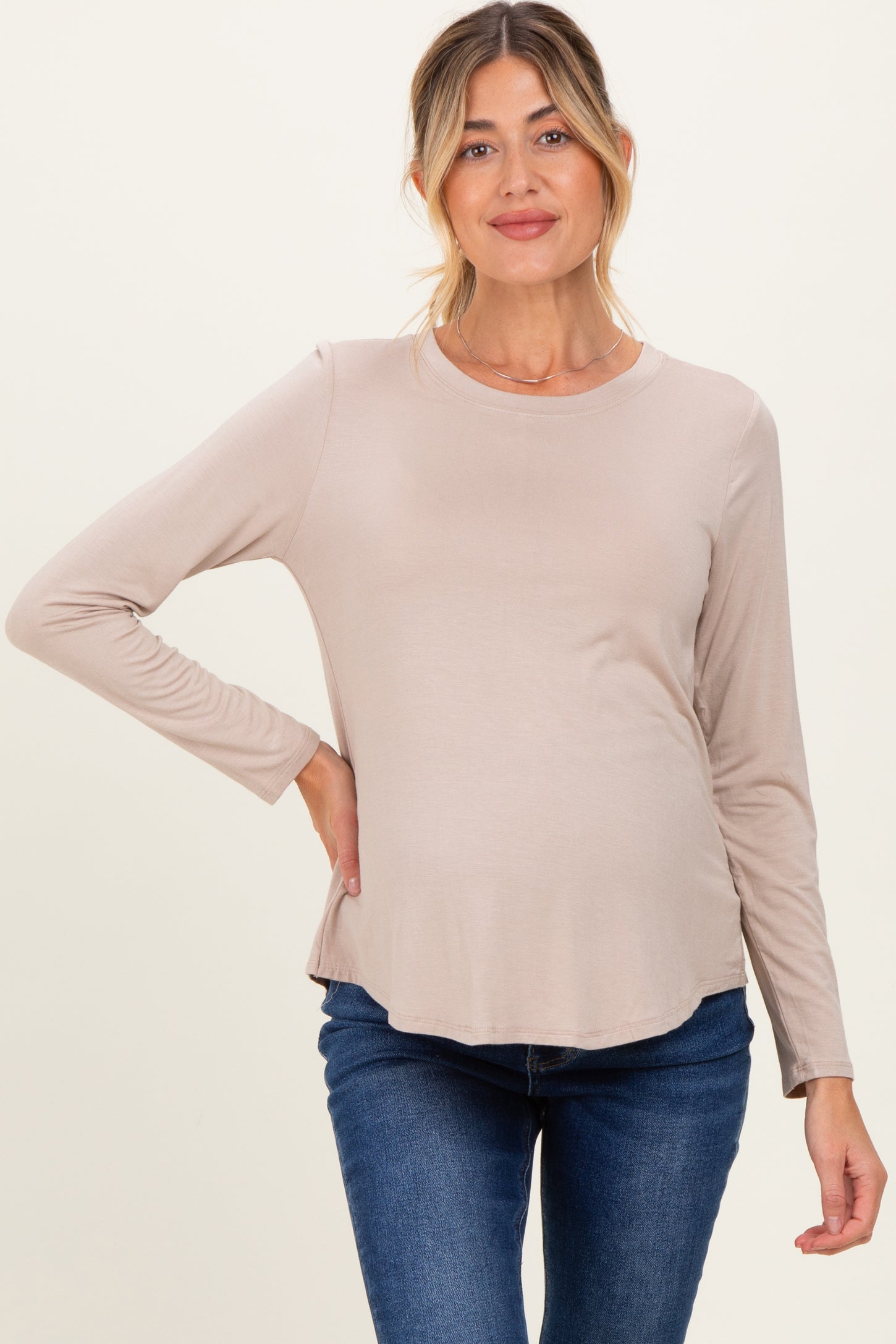 Taupe Flowy Round Hem Maternity Long Sleeve Top