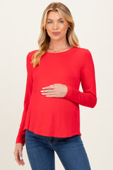 Red Flowy Round Hem Maternity Long Sleeve Top