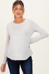 Beige Flowy Round Hem Maternity Long Sleeve Top