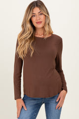 Brown Flowy Round Hem Maternity Long Sleeve Top