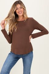 Brown Flowy Round Hem Maternity Long Sleeve Top