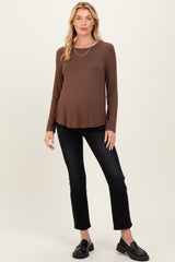 Brown Flowy Round Hem Maternity Long Sleeve Top