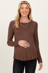 Brown Flowy Round Hem Maternity Long Sleeve Top