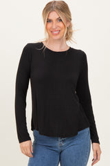 Black Flowy Round Hem Long Sleeve Top