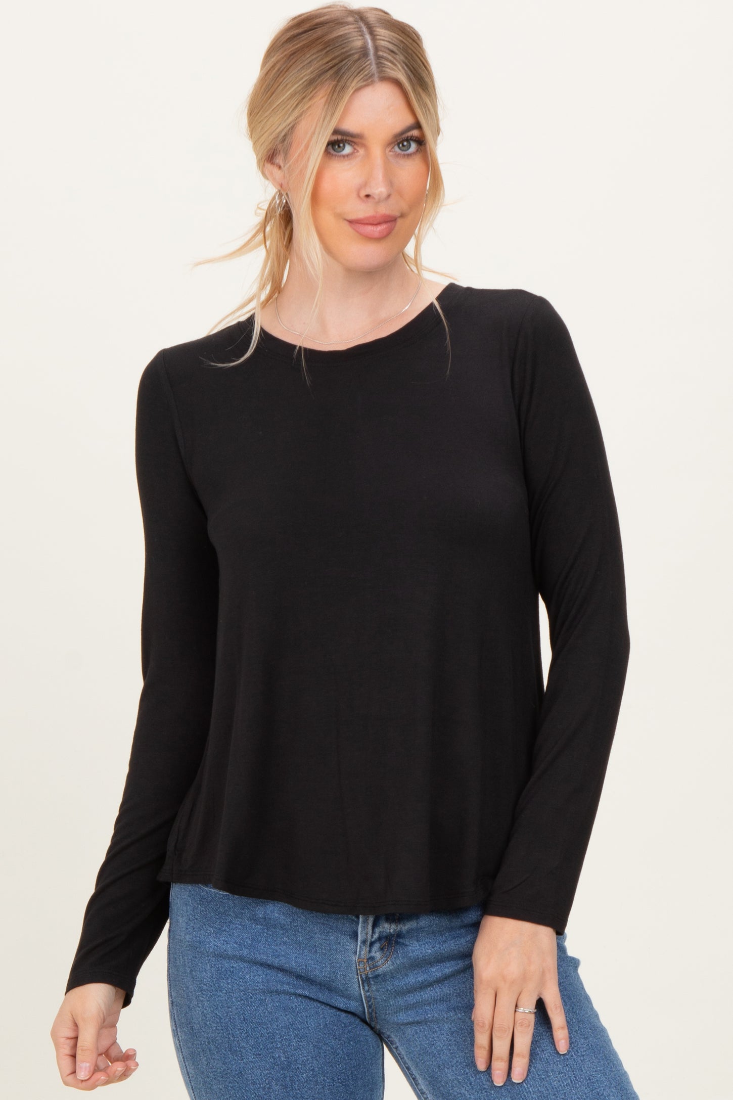 Black Flowy Round Hem Maternity Long Sleeve Top