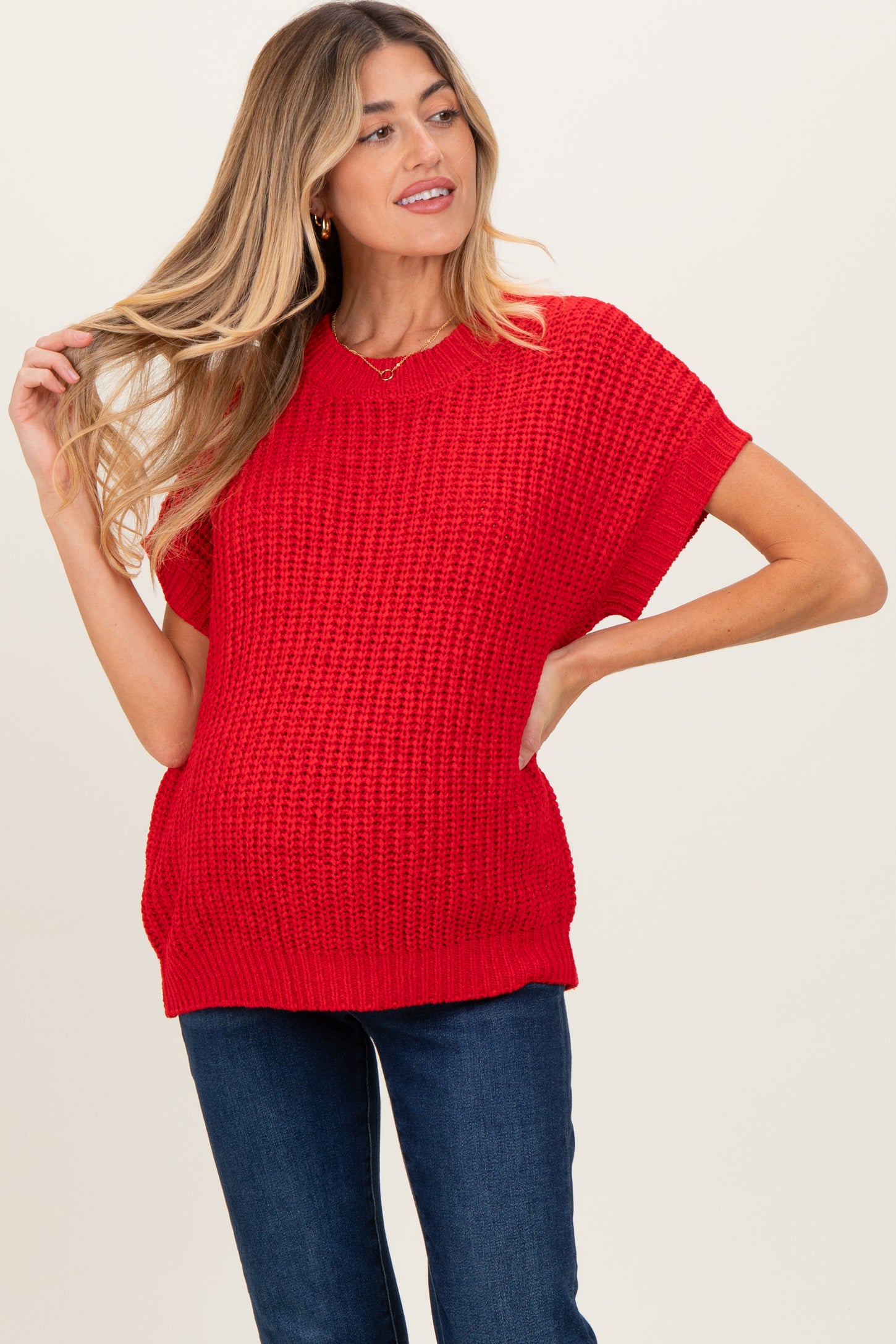 Red Short Sleeve Round Neck Maternity Sweater