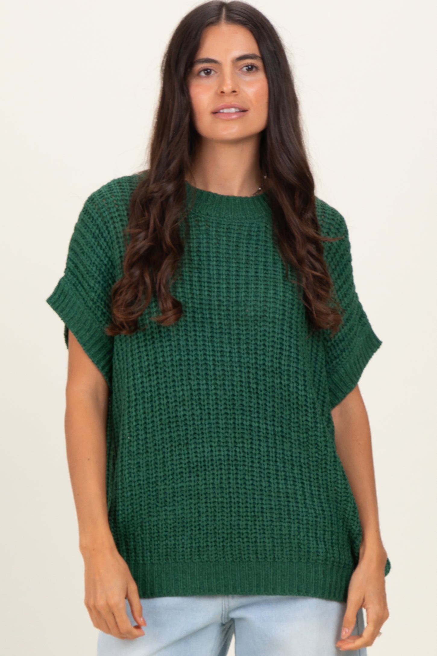 Green Short Sleeve Round Neck Sweater