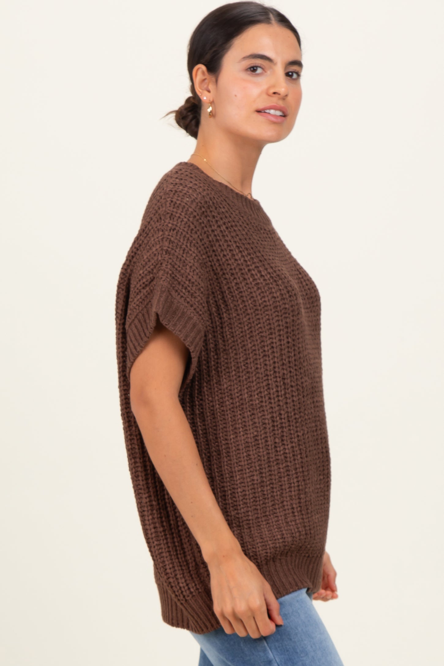 Brown Short Sleeve Round Neck Sweater