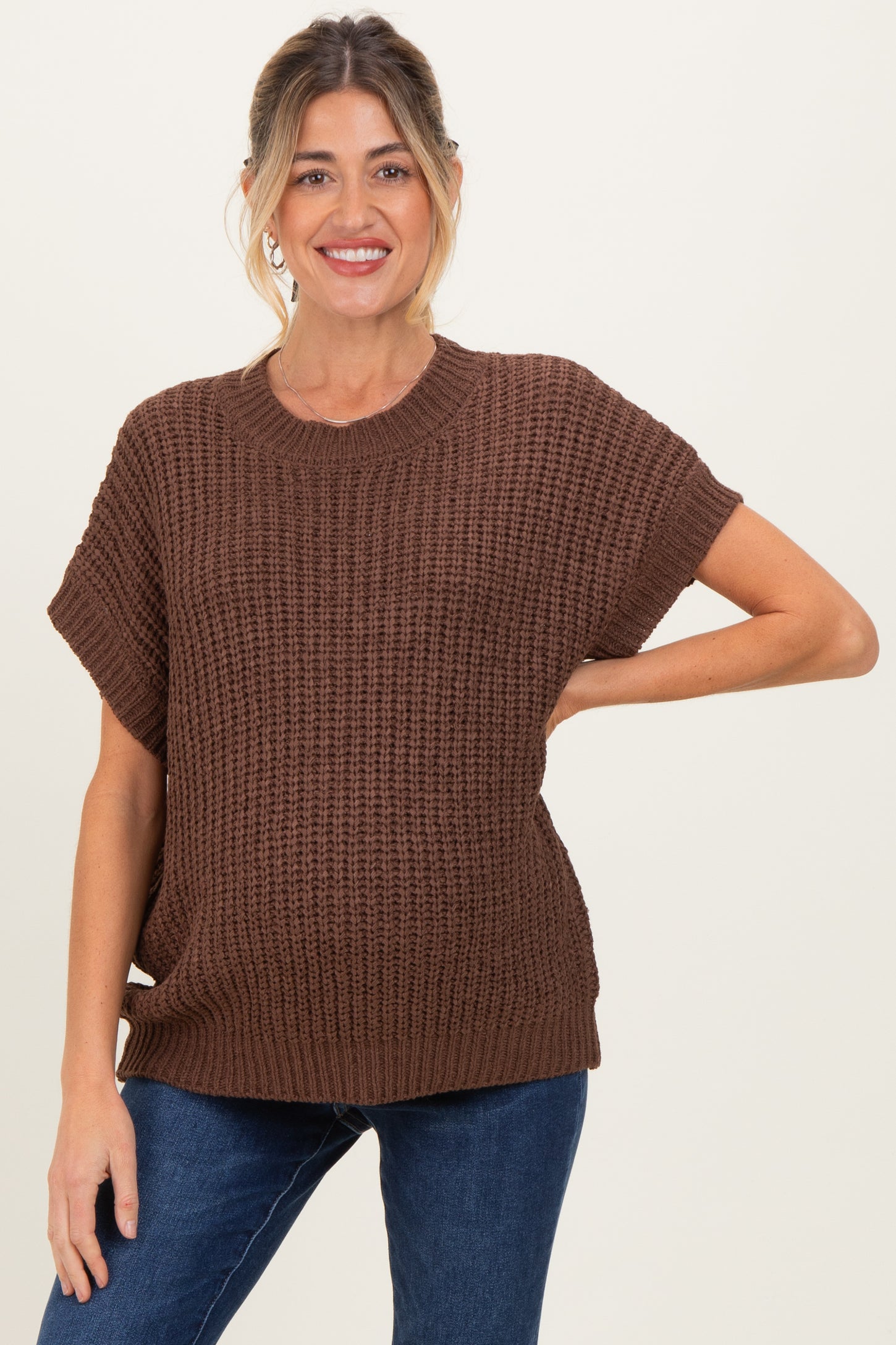 Brown Short Sleeve Round Neck Maternity Sweater