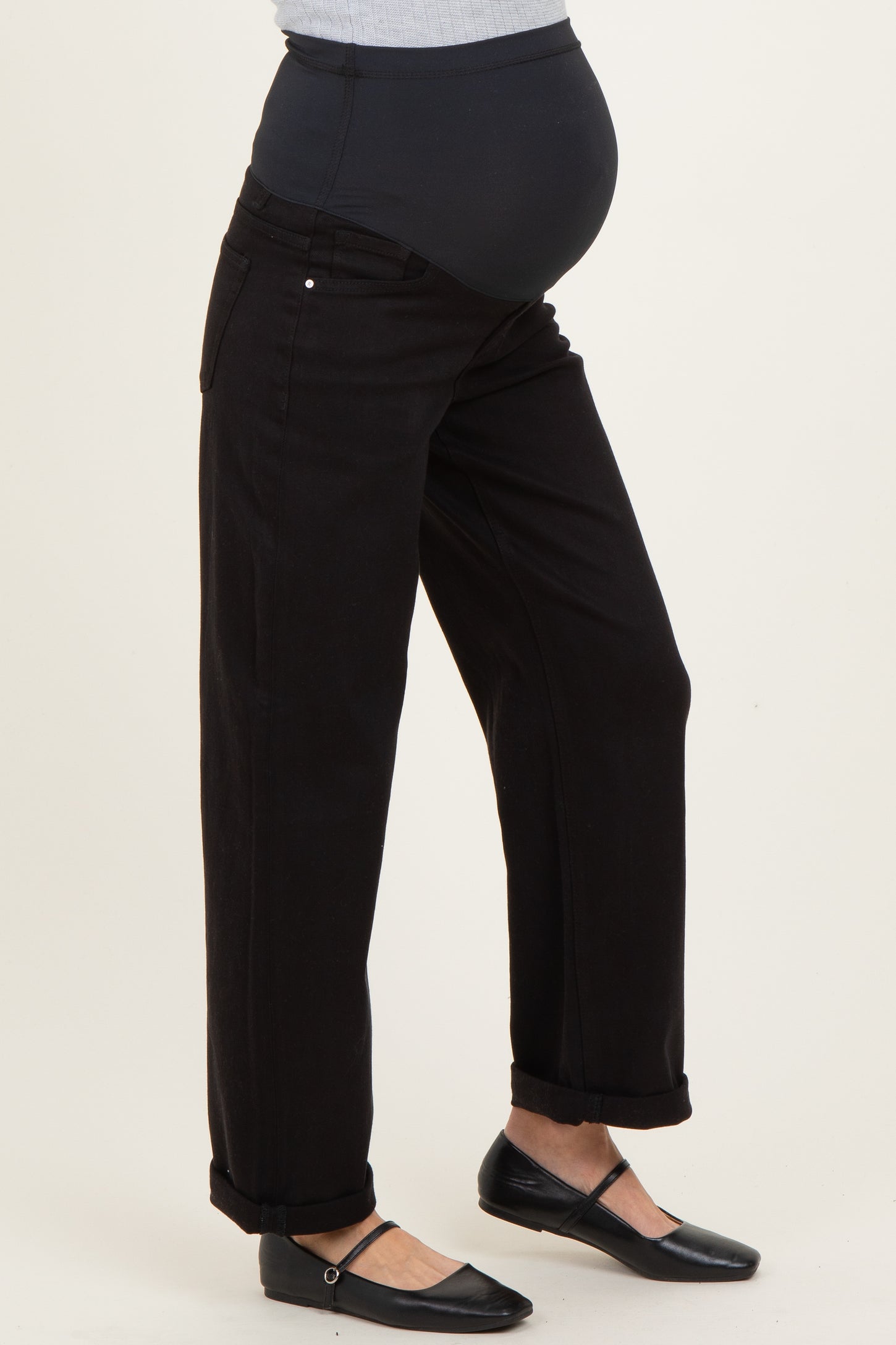 Black Cuffed Ankle Barrel Leg Maternity Jeans