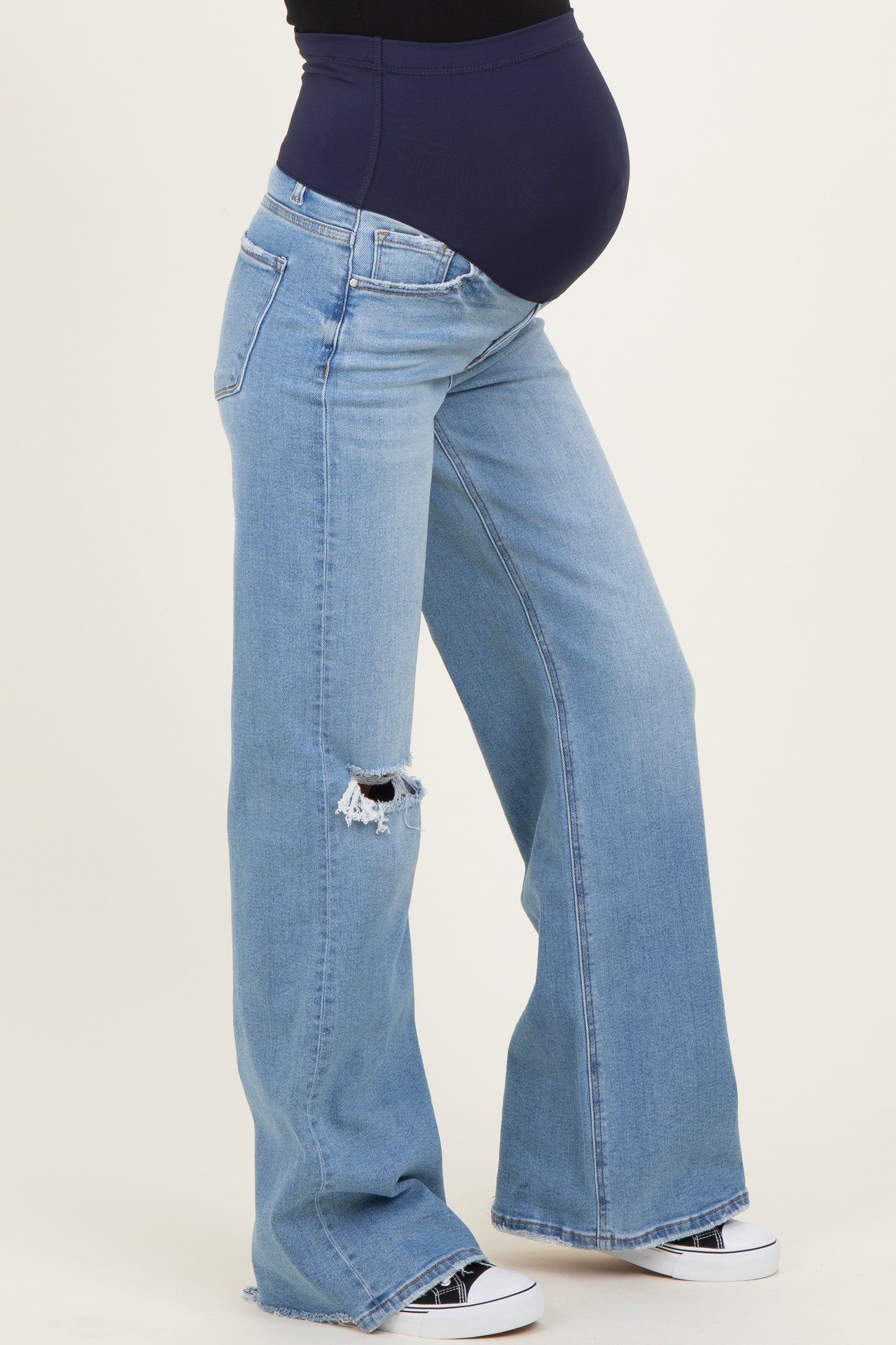 Blue Distressed Knee Wide Leg Maternity Jeans