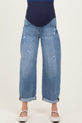 Blue Distressed Cuffed Ankle Barrel Leg Maternity Jeans