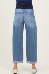 Blue Distressed Cuffed Ankle Barrel Leg Maternity Jeans