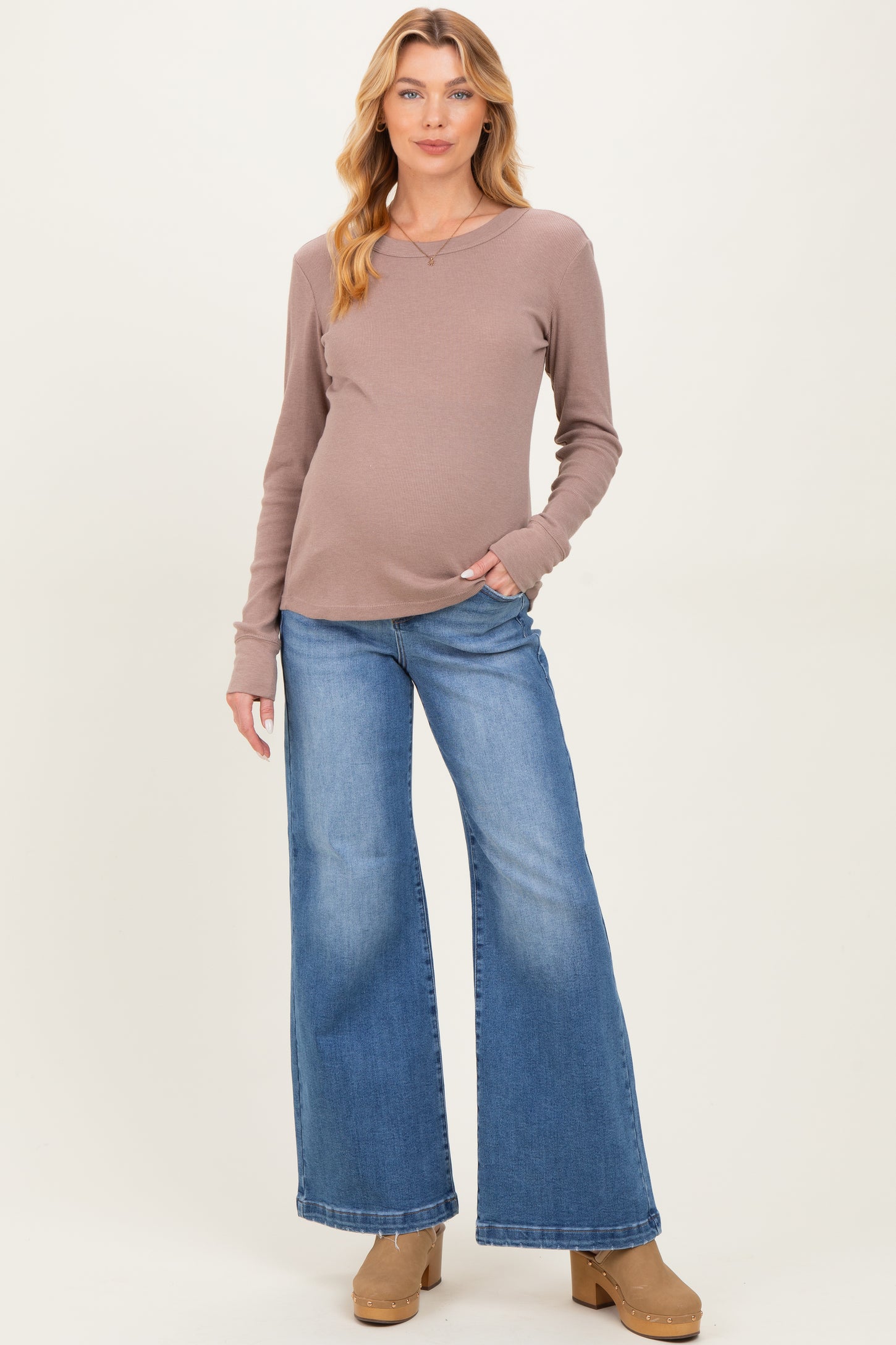 Blue Medium Wash Heart Pocket Wide Leg Maternity Jeans