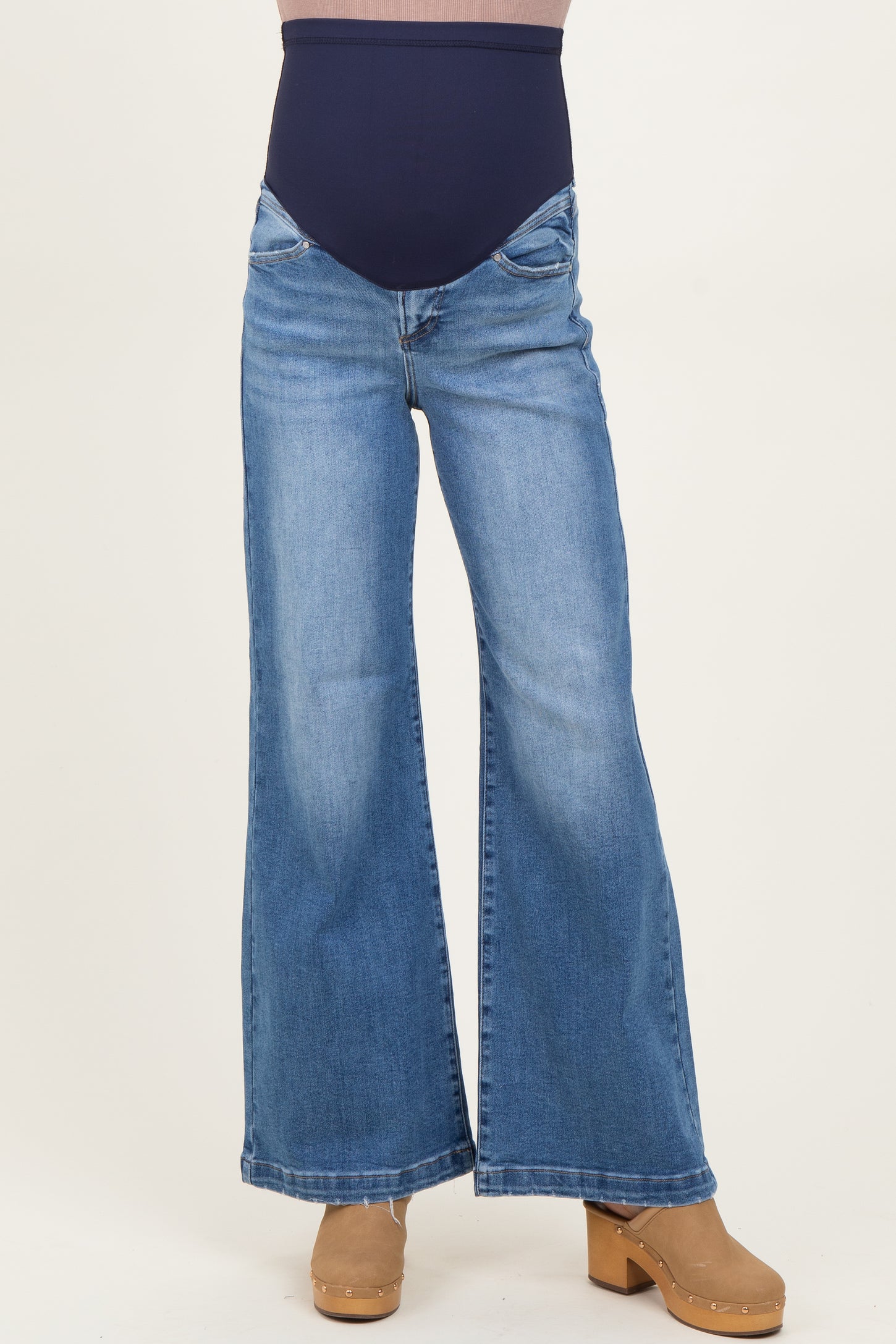 Blue Medium Wash Heart Pocket Wide Leg Maternity Jeans