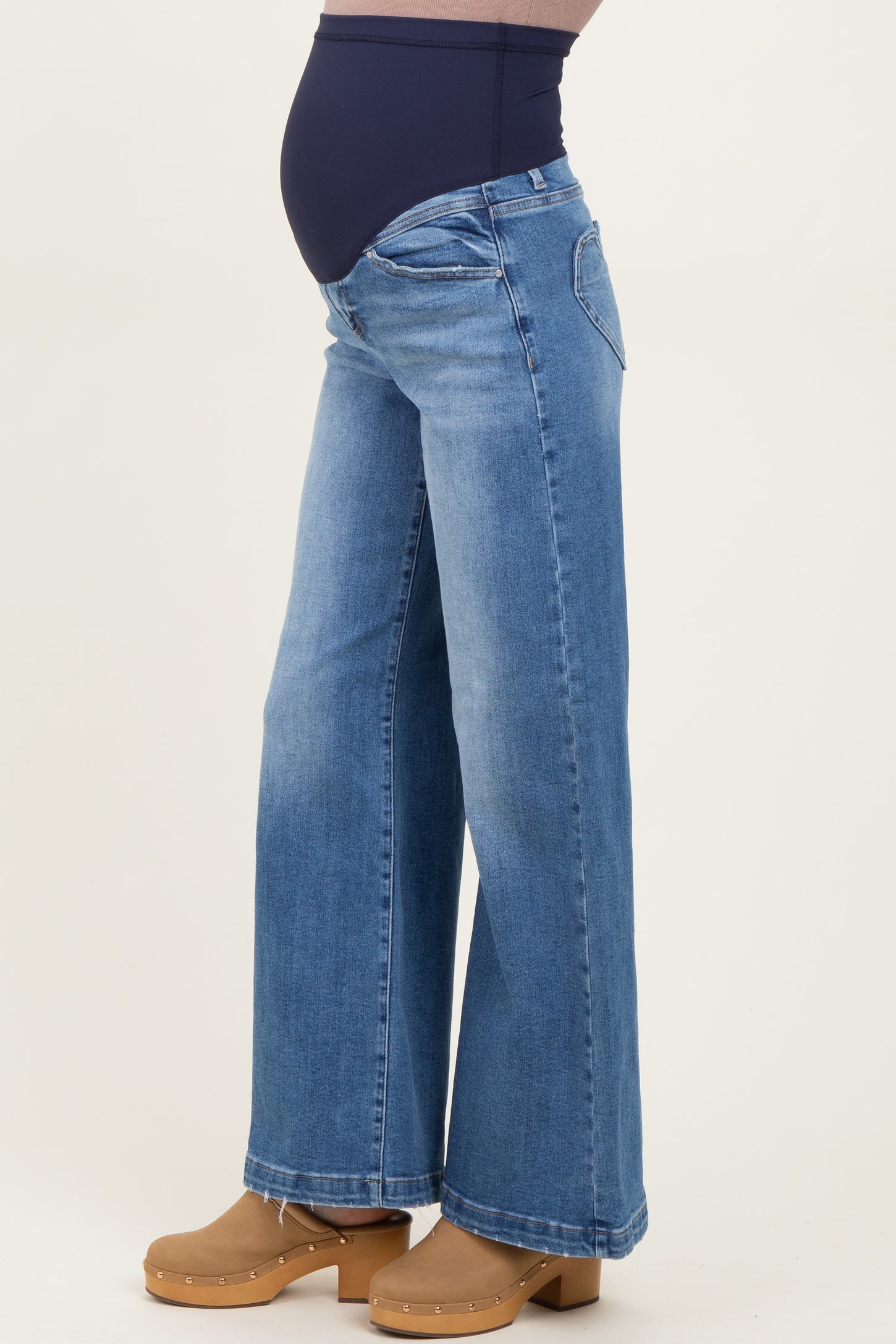 Blue Medium Wash Heart Pocket Wide Leg Maternity Jeans
