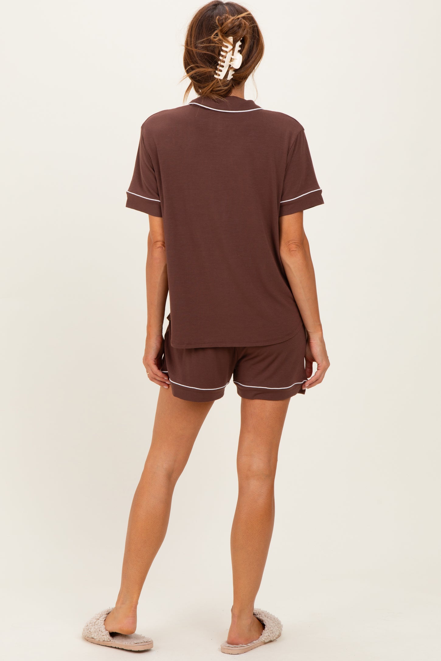 Brown Short Sleeve Button Down Shirt Shorts Set