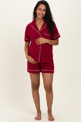 Burgundy Short Sleeve Button Down Shirt Shorts Maternity Set