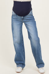 Blue Medium Wash Baggy Straight Leg Maternity Jeans