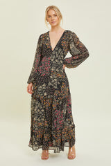 Black Floral Chiffon V-Neck Long Sleeve Maxi Dress