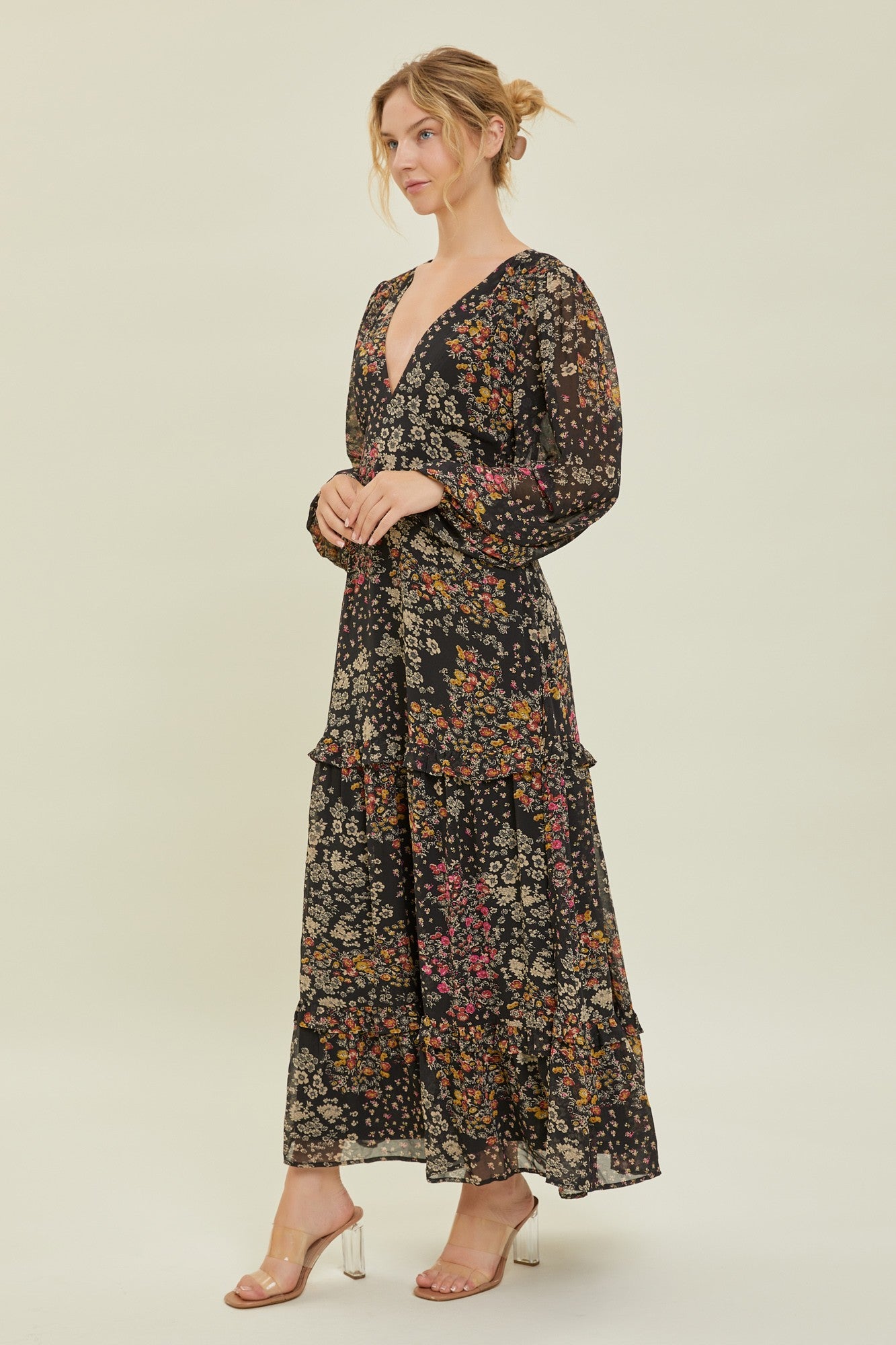Black Floral Chiffon V-Neck Long Sleeve Maxi Dress Black Floral Chiffon V-Neck Long Sleeve Maxi Dress