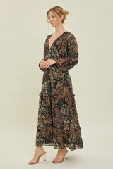Black Floral Chiffon V-Neck Long Sleeve Maxi Dress