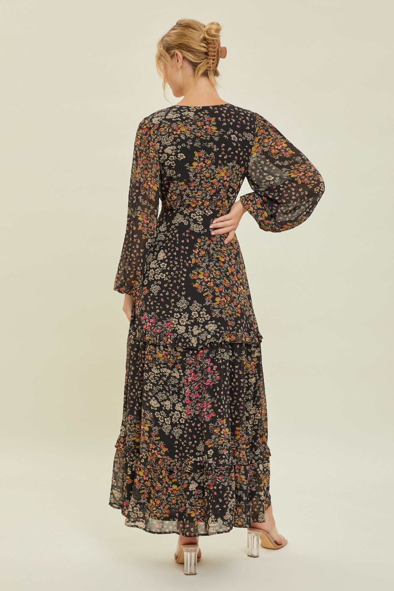Black Floral Chiffon V-Neck Long Sleeve Maxi Dress