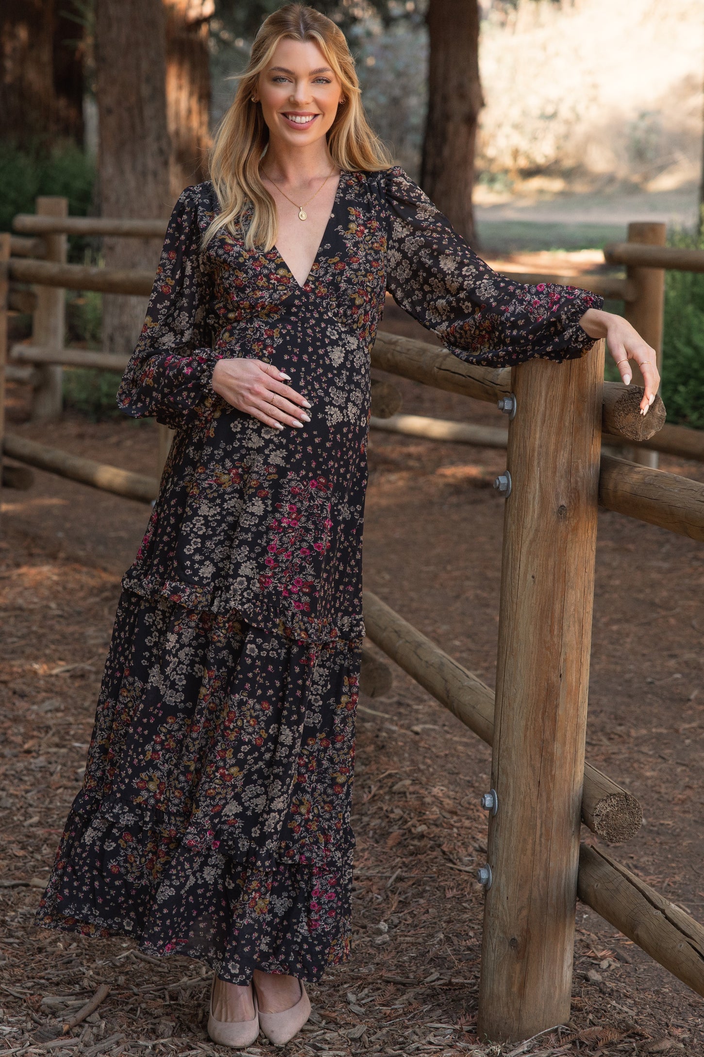 Black Floral Chiffon V-Neck Long Sleeve Maternity Maxi Dress