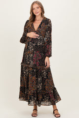 Black Floral Chiffon V-Neck Long Sleeve Maternity Maxi Dress