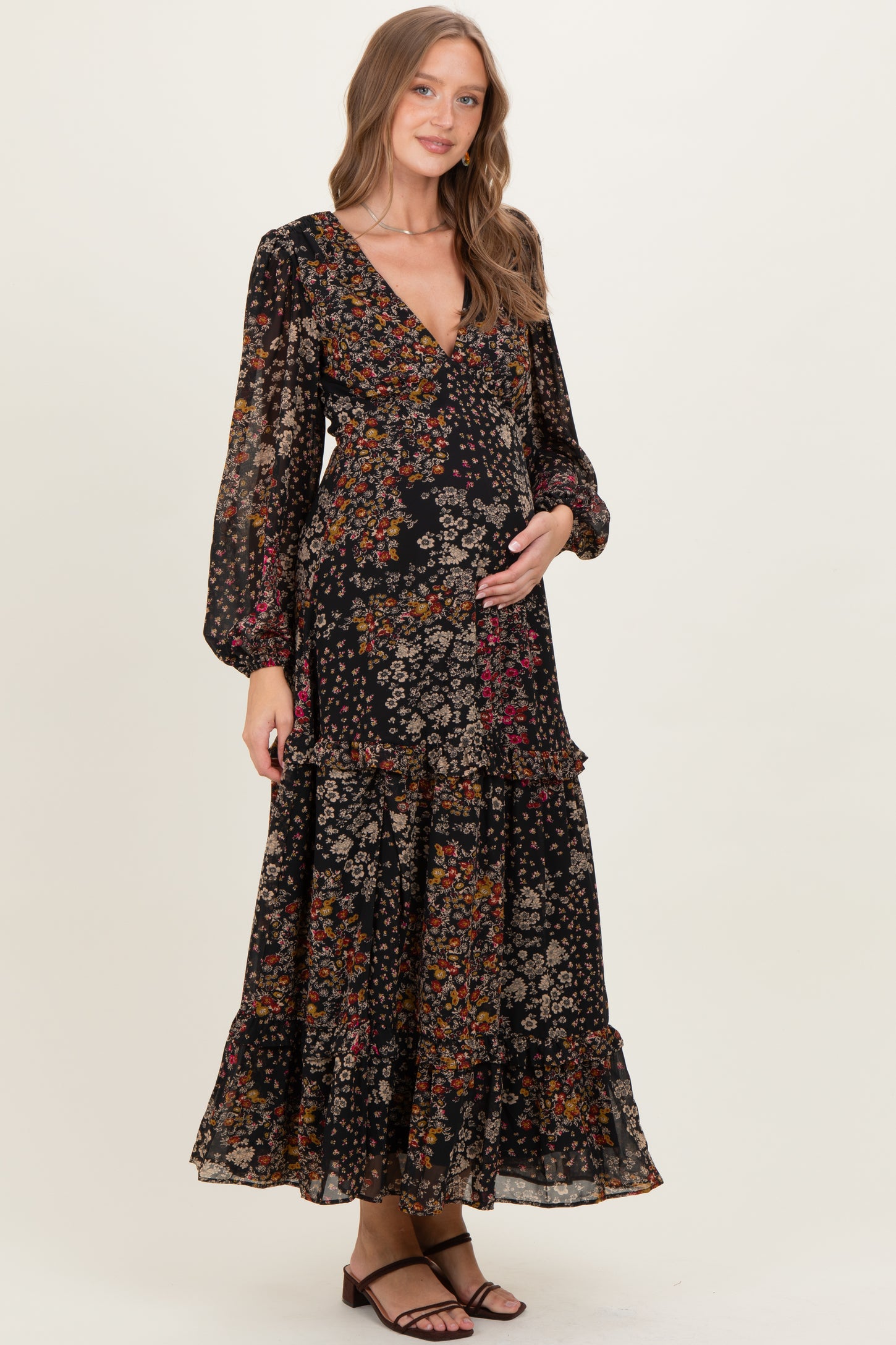 Black Floral Chiffon V-Neck Long Sleeve Maternity Maxi Dress