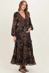 Black Floral Chiffon V-Neck Long Sleeve Maternity Maxi Dress