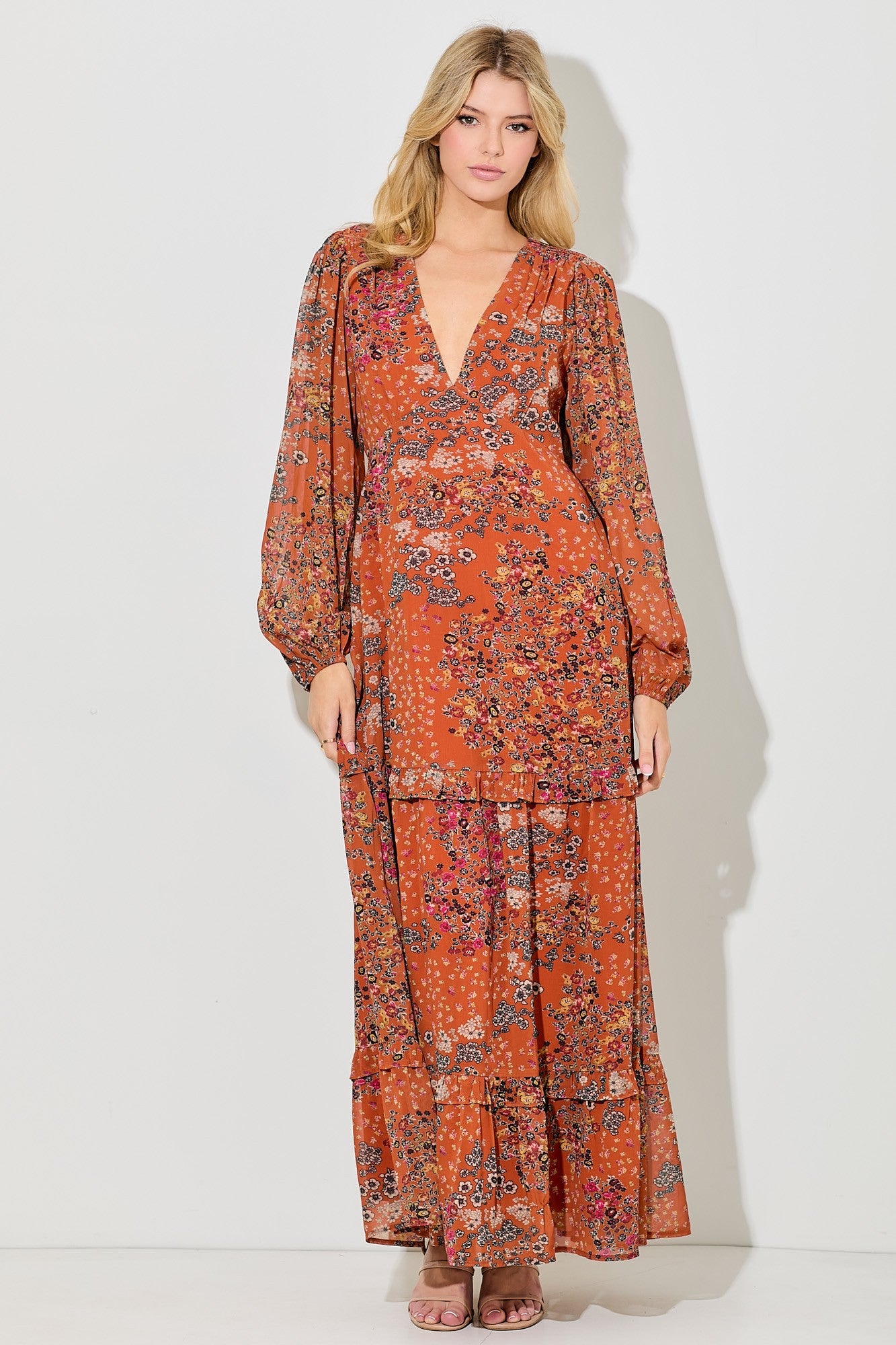 Orange Floral Chiffon V-Neck Long Sleeve Maxi Dress