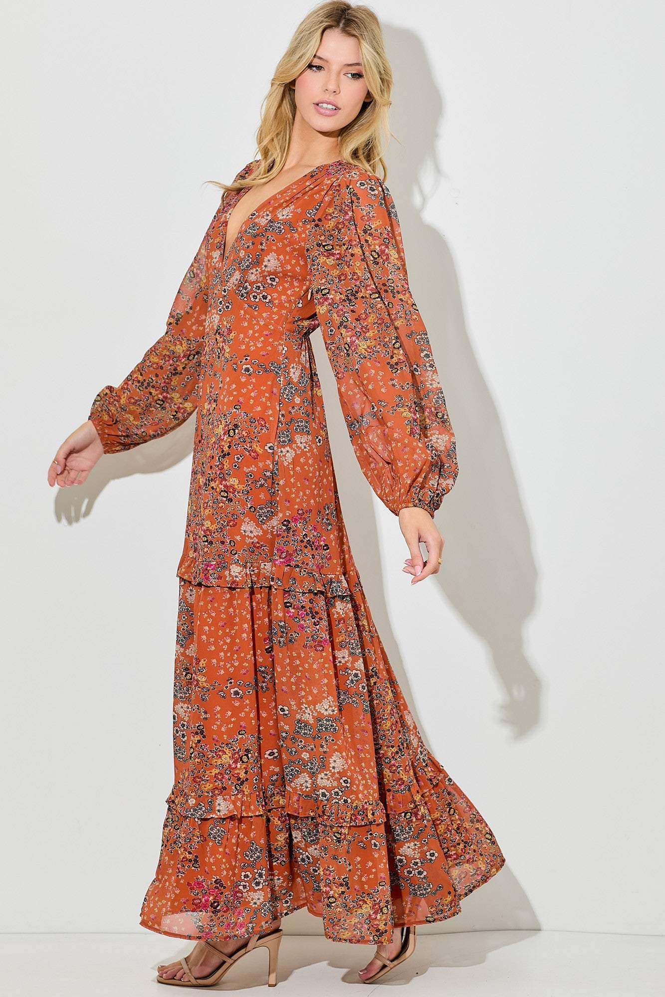 Orange Floral Chiffon V-Neck Long Sleeve Maxi Dress Orange Floral Chiffon V-Neck Long Sleeve Maxi Dress