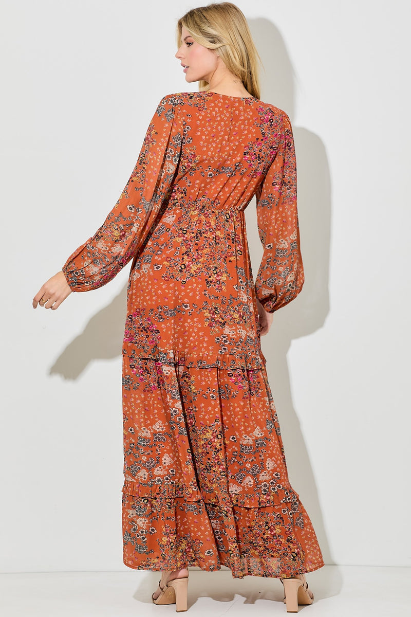orange dress sleeves Floral Chiffon V-Neck Long Sleeve Maxi – PinkBlush RedoUpsellExcluded beautiful bishop sleeves that Amanda Uprichard Fabiola Silk Size:37R